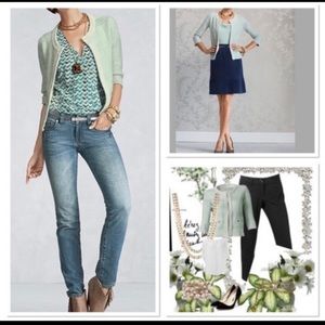 CAbi 3/4 Sleeve Mint & Cream Cropped Cardigan